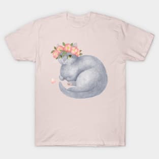 Flower Cat - Grey With Pink T-Shirt